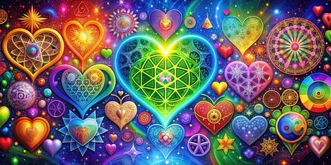Fototapeta premium Boundless Compassion: Caring (unconditional, universal), Symbol (interconnected hearts, global symbols), Mood/Style ( expansive, inclusive), Technical (digital art, generative AI)