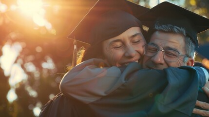 Fototapeta premium Stock Photography, Gay parents at child's graduation. Proud expressions, taking photos. Graduate in cap and gown hugging both dads