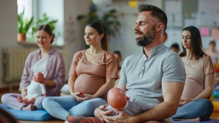 Stock Photography, Gay dads at prenatal class. Practicing breathing techniques, other expectant couples around. Instructor demonstrating with doll