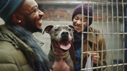 Stock Photography, Gay couple adopting rescue dog. Animal shelter setting, signing papers. Dog wagging tail, staff member smiling