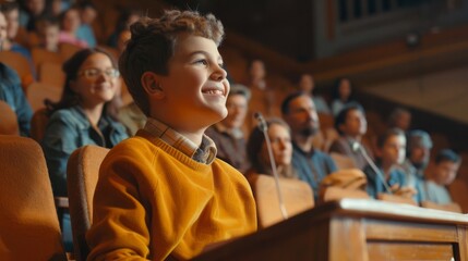Stock Photography, Gay dads cheering at child's debate competition. Auditorium setting, proud expressions. Child confidently speaking at podium, judges listening
