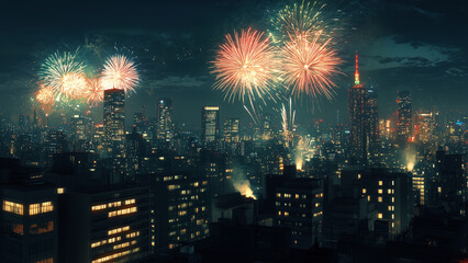 Obraz premium Illuminated High-Rises and Fireworks in the Night Sky