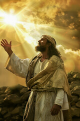 Fototapeta premium Spiritual Depiction of Jesus Reaching Towards Light