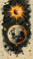 vintage, astrological aesthetic, retro futuristic background design, solid beige background and golden objects