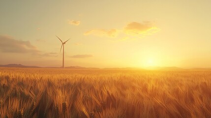 Obraz premium A serene landscape featuring a wind turbine at sunset, surrounded by golden wheat fields, symbolizing renewable energy and nature.