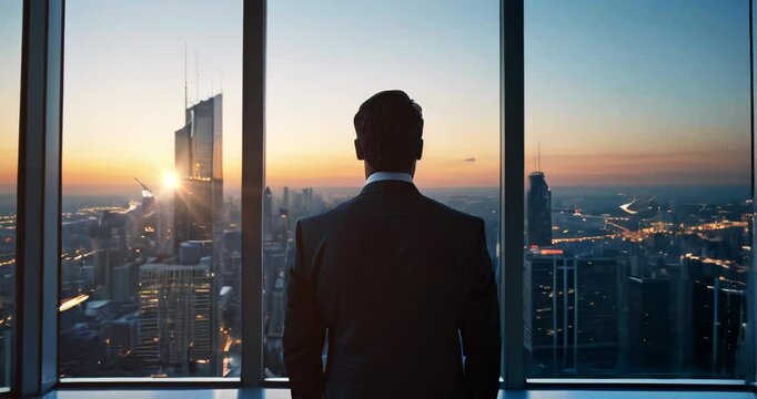 Successful Businessman in Sleek Suit Overlooking City Lights from High-Rise Window. Business Concept.