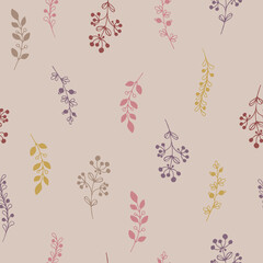 Various hand-drawn herbal elements on a light background, an elegant botanical pattern in soft pastel colors, herbs and branches seamless background