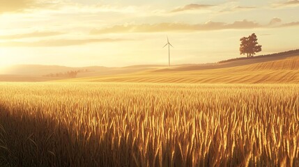 Golden wheat field under a sunset sky with a wind turbine and a solitary tree in the distance, embodying tranquility and nature.