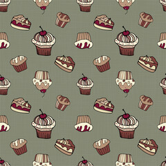 A seamless cupcake and muffin pattern on a pastel textured background, a hand-drawn cupcake background with a cherry on top, textile texture effect