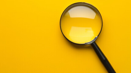 A magnifying glass is on a yellow background