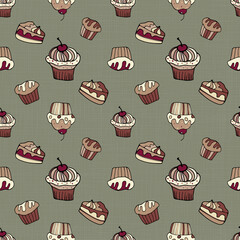 A seamless cupcake and muffin pattern on a pastel textured background, a hand-drawn cupcake background with a cherry on top, textile texture effect