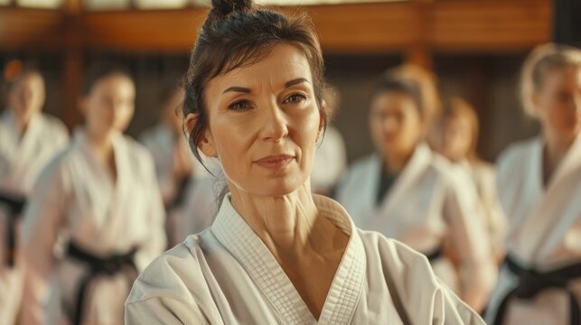 Stock Photography, Lesbian martial arts instructors demonstrating technique. Dojo setting, students watching closely. Various belts and ages represented in class