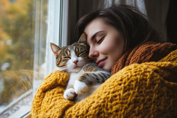 Beautiful young woman with cute cat resting at home on autumn day