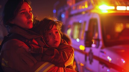 Fototapeta premium Stock Photography, Lesbian firefighters rescuing family from burning building. Dramatic scene, carrying child to safety. Fire truck with lights flashing, onlookers watching anxiously