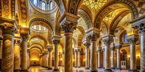 Obraz premium Byzantine Splendor: Golden-hued columns and intricate mosaics, creating a celestial ambiance within a majestic courthouse.