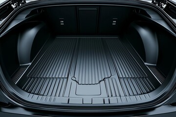 A spacious and clean interior of a car trunk with a textured rubber mat, perfect for showcasing vehicle storage solutions.
