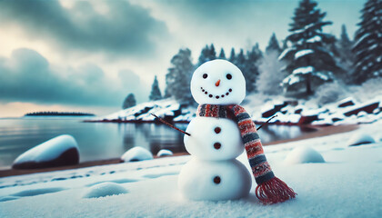 A snowman standing alone on a snow-covered beach by the sea