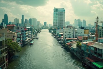 Fototapeta premium A calm river flows through the heart of a bustling city, surrounded by towering skyscrapers