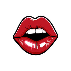 Obraz premium Glossy colored and sexy red lips. Vector illustration isolated on white background. Hot kiss sticker lips with red lipstick