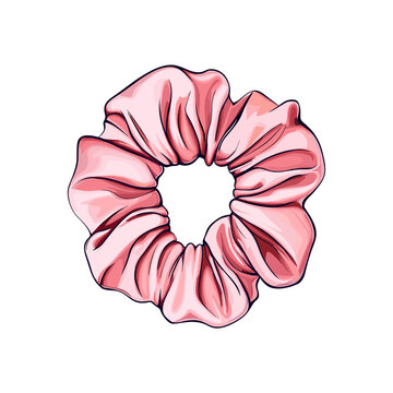 Scrunchy for girls: silk pink scrunchie for hair accessor . Cute tools for relaxation and self-care. Vector isolated on white.