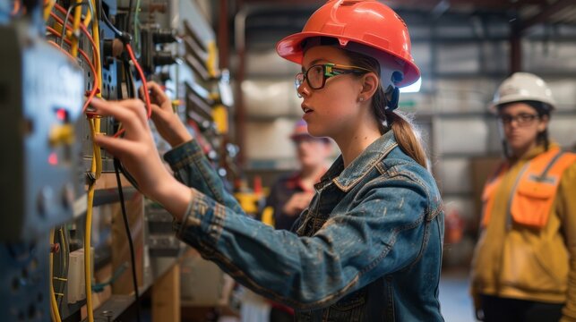 Stock Photography, Non-binary electrician teaching trade skills to youth. Community workshop, demonstrating wiring techniques. Attentive students practicing, safety equipment in use