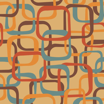 An abstract seamless pattern in retro style, 70s style background with funky squares in orange, brown, red and blue, overlapping rectangles vintage wallpaper