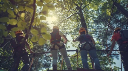 Stock Photography, Non-binary counselor leading team-building retreat. Ropes course, encouraging group to problem-solve. Corporate participants working together, forest canopy above