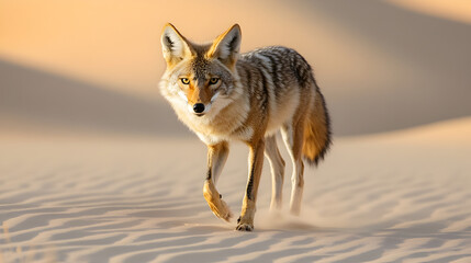 Fototapeta premium Coyote Sprinting Across the Arid Desert Landscape