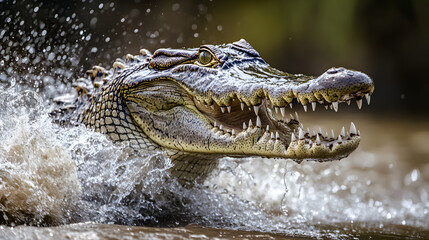 Obraz premium Fierce Alligator Lunging from Water with Jaws Open in Dramatic Attack