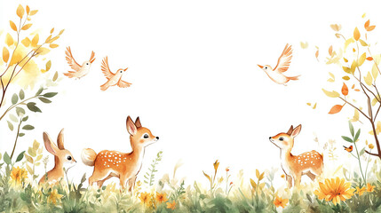 Watercolor illustration of cute woodland animals and landscape