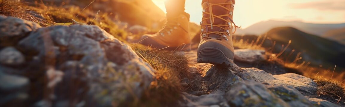 Close up of a hikers boot trekking on a mountain travel.
