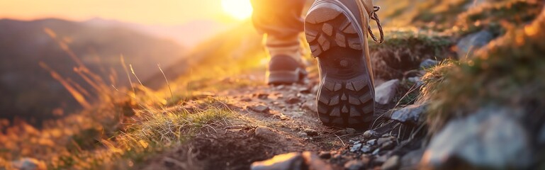 Close up of a hikers boot trekking on a mountain travel.
