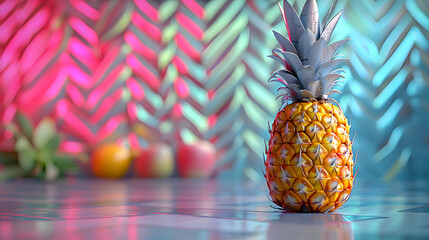 3D Rendered Pineapple with Abstract Blue and Pink Background