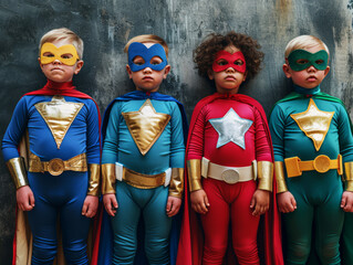 Obraz premium Four children in superhero costumes stand in a row