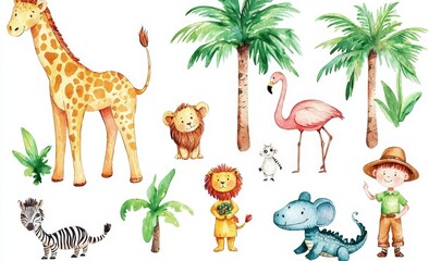 The big safari set consists of an elephant, giraffe, crocodile, tiger, lion, cheetah, zebra, flamingo, monkey, meerkat and others, as well as African trees and a young explorer.