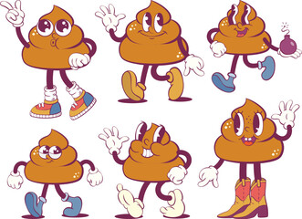 Poop retro groovy mascot characters set