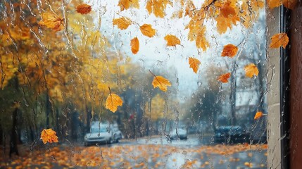 Rainy autumn day viewed through a window with yellow leaves gently pressed against the glass. AI generated image