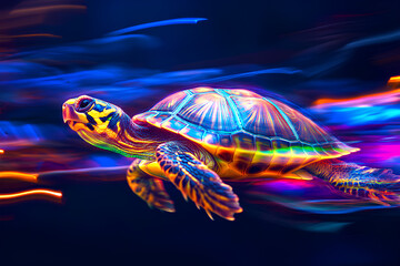 turtle running fast, showing high speed, neon colors , 3d rendering, Generative AI