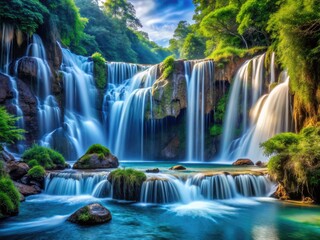 Obraz premium Cascading Serenity: Majestic waterfalls, swirling eddies, soothing sounds, deep blues, flowing patterns