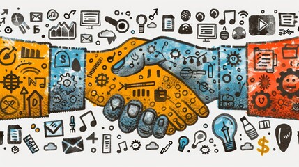 Obraz premium Illustration of Handshake Representing Mitigating Cybersecurity and Personal Data Protection with Digital Icons