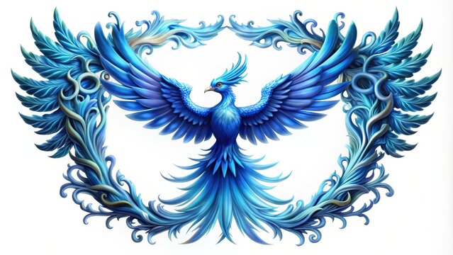 Blue phoenix in frame shape, stunning and majestic, fire, phoenix, supernatural, bright, vibrant, flames, feathers, shape, design, symbolism, regal, mythical creature,blue, art, mystical