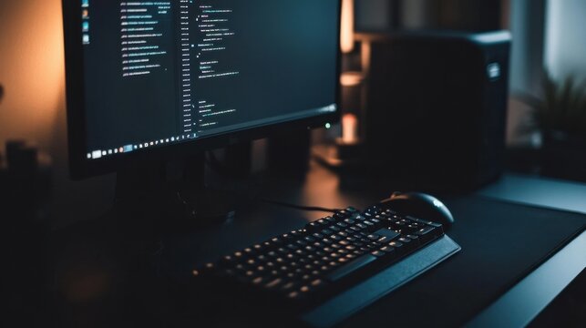 Code in the Shadows: A sleek black keyboard and monitor bathed in the ethereal glow of code, capturing the intense focus of a late-night coding session. 