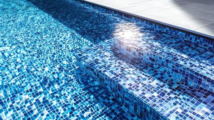Obraz premium Stunning mosaic tiles reflect sunlight on a serene swimming pool, creating a tranquil atmosphere for relaxation and enjoyment.
