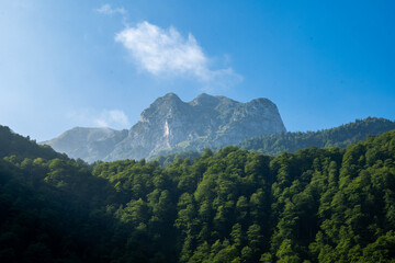 Lac de Bethmale - Pyrénées - Ariège - Forested Hills and Lake with Reflections of Mountain Peaks