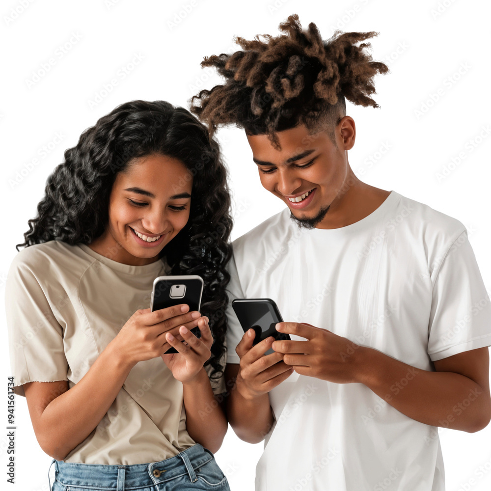 Poster two young couples smiling and using a mobile phone together, isolated on transparent background