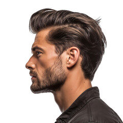 Obraz premium Portrait of a handsome man with a short haircut, side view, isolated on transparent background