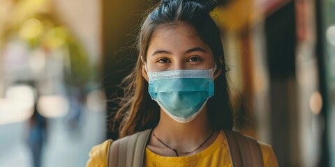 Portrait of a female university student wearing a face mask, emphasizing safety during the pandemic while engaging in educational activities