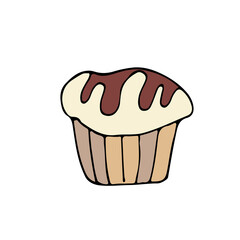 A cute hand-drawn muffin, a cake icon in color, a pastry doodle  