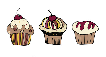 A group of cute cakes, three hand-drawn doodle icons, a hand-drawn pastry set
