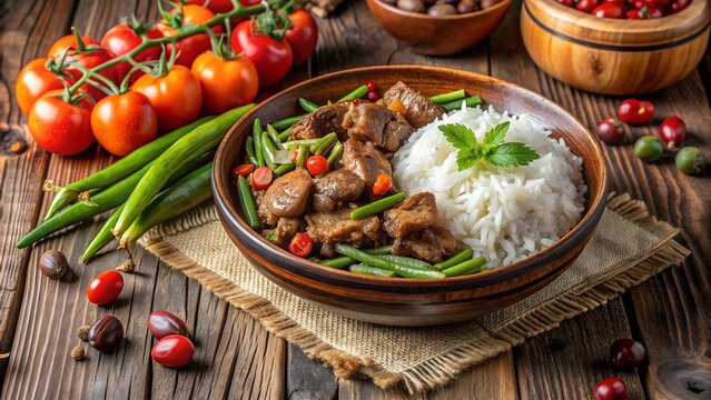 A Symphony of Textures: Chicken Gizzard, Rice, Yardlong Bean, and Budu Tempoyak Appetizer  Generative AI